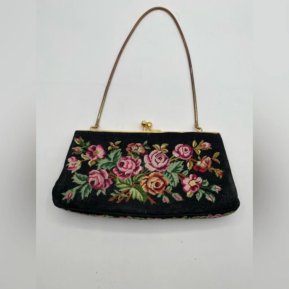 Floral Needlepoint Evening Clutch in Black with Pink Roses Vintage